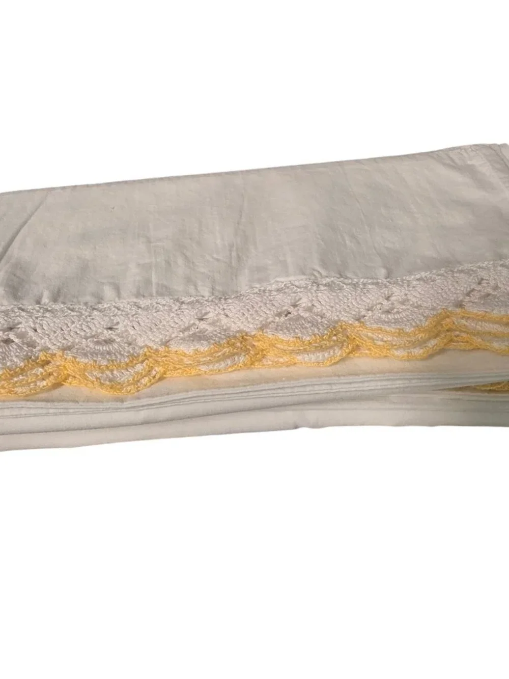 VTG Penney’s White Cotton Percale Pillowcases Handmade Crochet Yellow Lace Pair